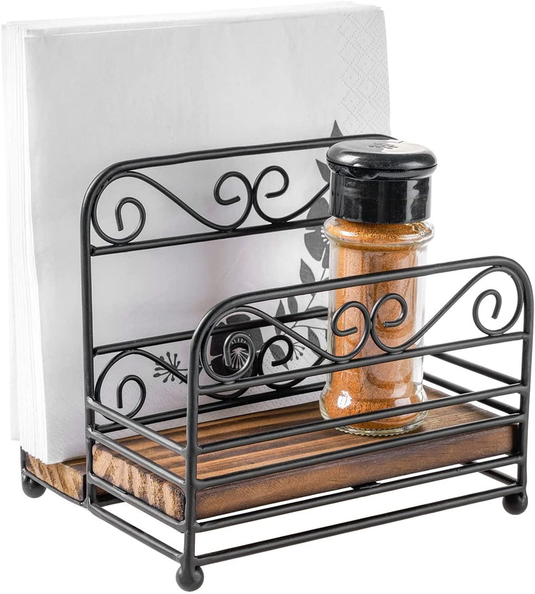 Tabletop Black Metal and Burnt Wood Napkin Holder with Spice Condiment Bin Rack with Vintage Scrollwork Design-MyGift