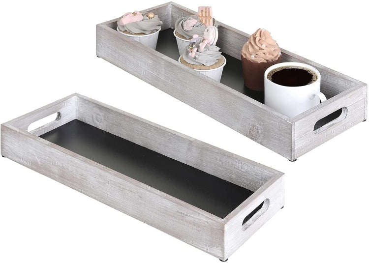 Set of 2, Rustic Gray Decorative Tray with Chalkboard Base Surface, Serving Tray with Cutout Handles, 16 x 6 Inch-MyGift