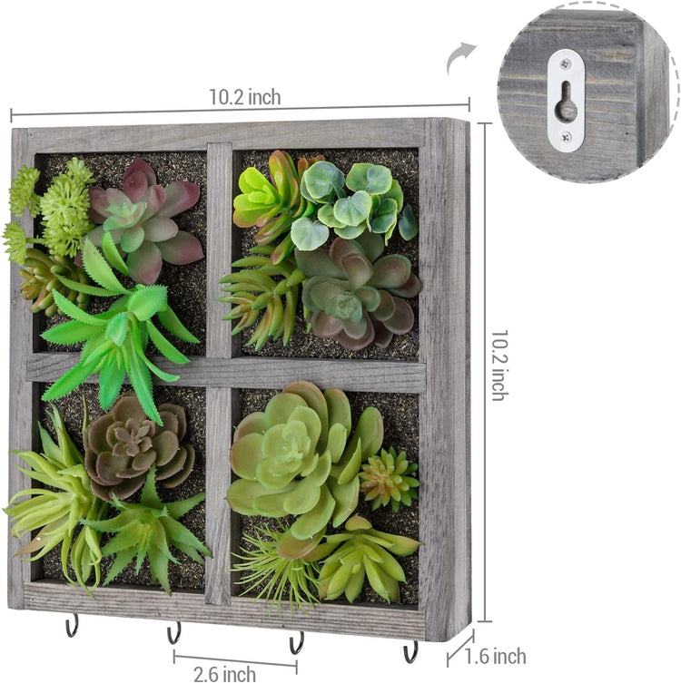 Gray Wood Grid Design Wall Mounted Artificial Succulent Decorative Entryway Wall Art with 4 Key Storage Hooks-MyGift