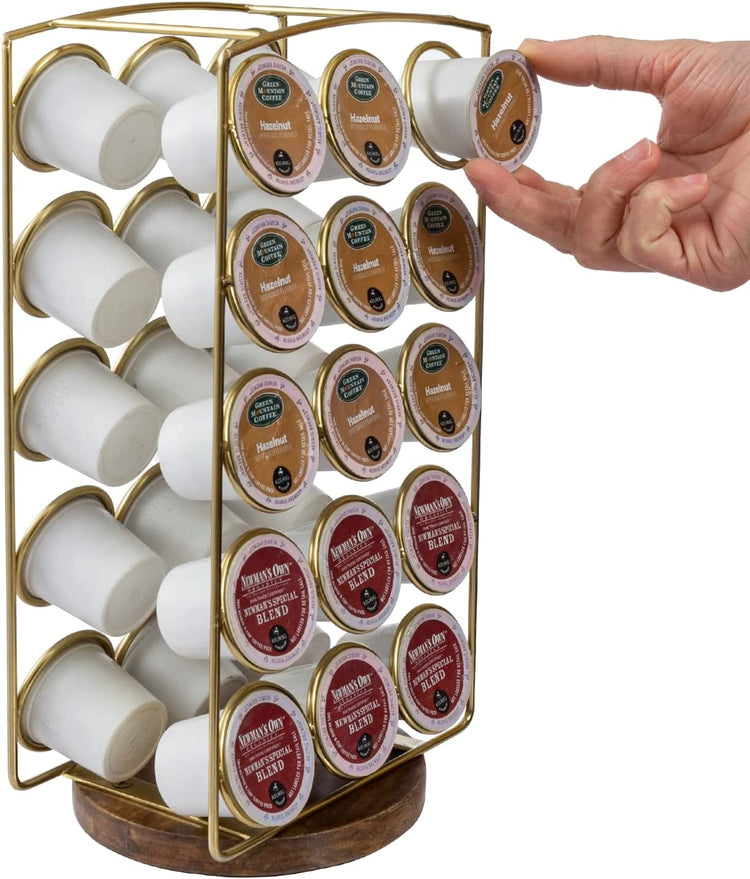 Brass Tone Plated Metal and Brown Mango Wood Coffee Pod Holder Stand, Tabletop Café Bar Coffee Capsule Storage Rack-MyGift