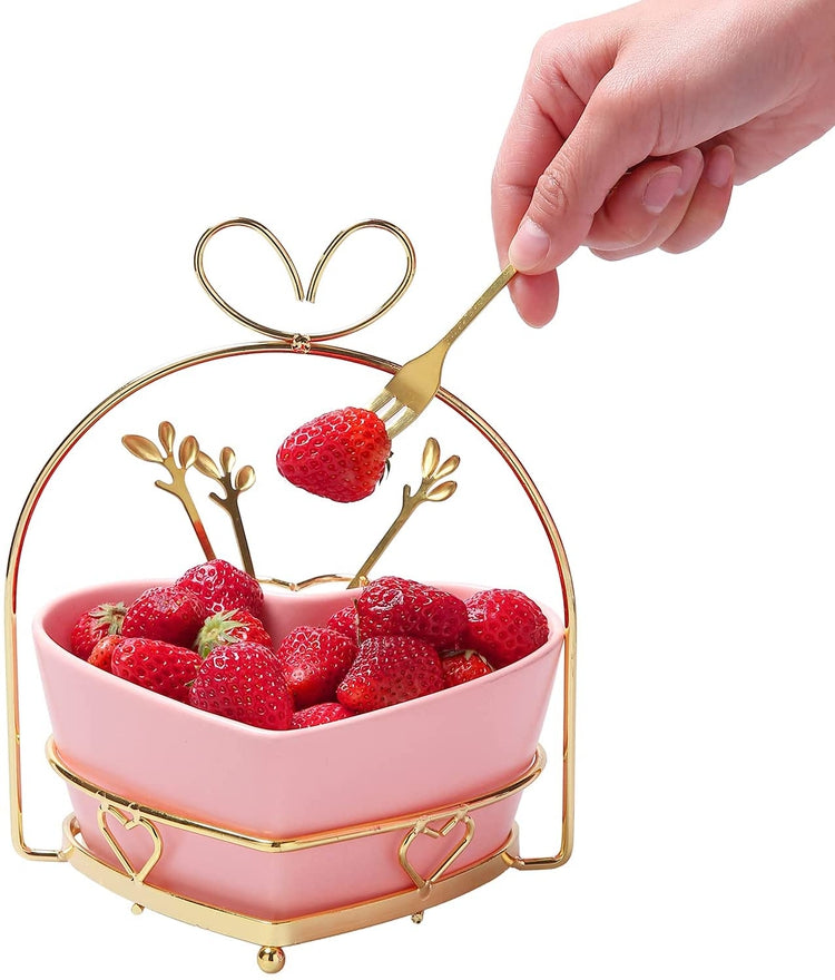 Pink Heart Ceramic Serving Dish, Appetizer Fruit Bowl with Gold Tone Metal Forks and Display Stand-MyGift