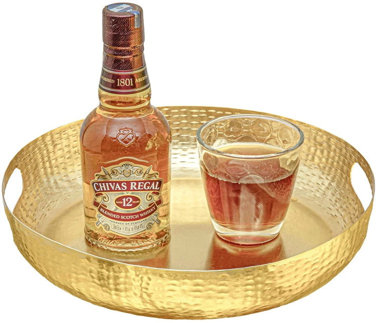 Brass Tone Hammered Pattern Metal Round Decorative Serving Display Tray with Cutout Handles-MyGift