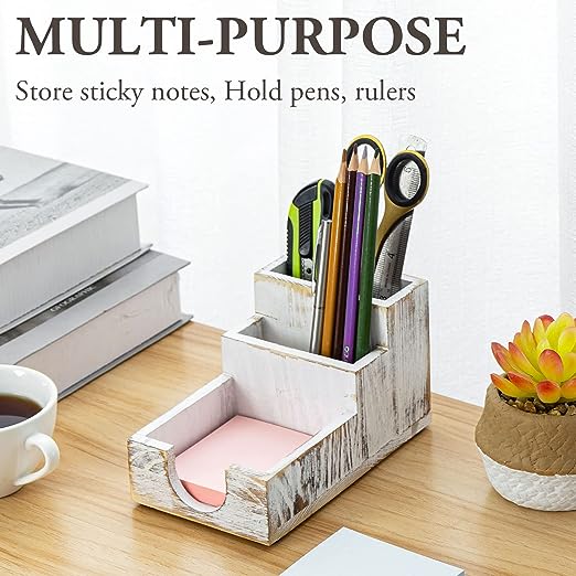 White Washed Wood Desktop Sticky Note Holder 2 Pen Compartments, Desk Stationery Organizer Tray-MyGift