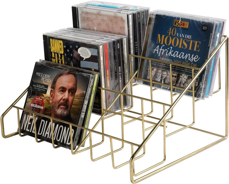 Modern Disc Organizer Display Stand, 3 Tier Brass CD Holder Storage Rack-MyGift