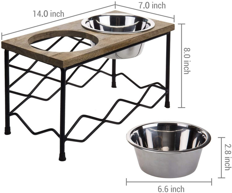 Natural Wood & Black Metal Lattice Style Elevated Double Pet Feeder with 2 Stainless Steel Bowls-MyGift