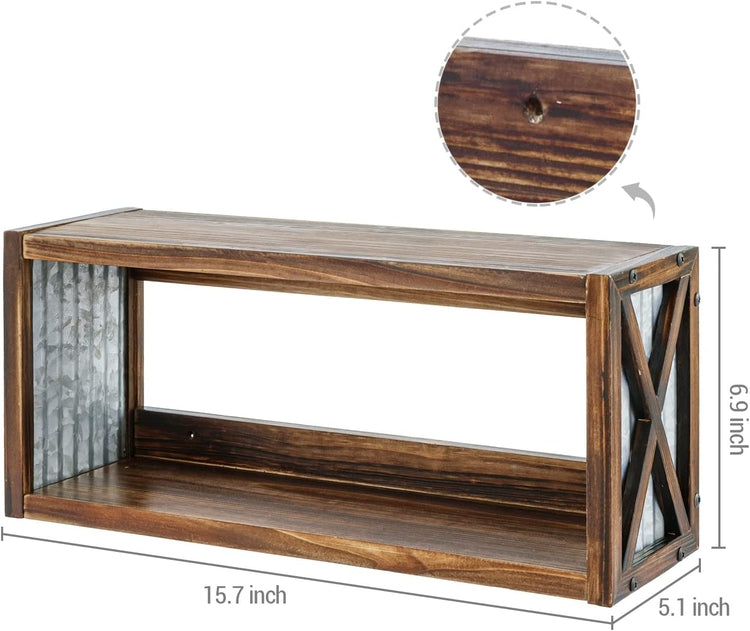 Farmhouse Style Burnt Brown Wood Floating Shelves with Corrugated Galvanized Metal Side Panels-MyGift