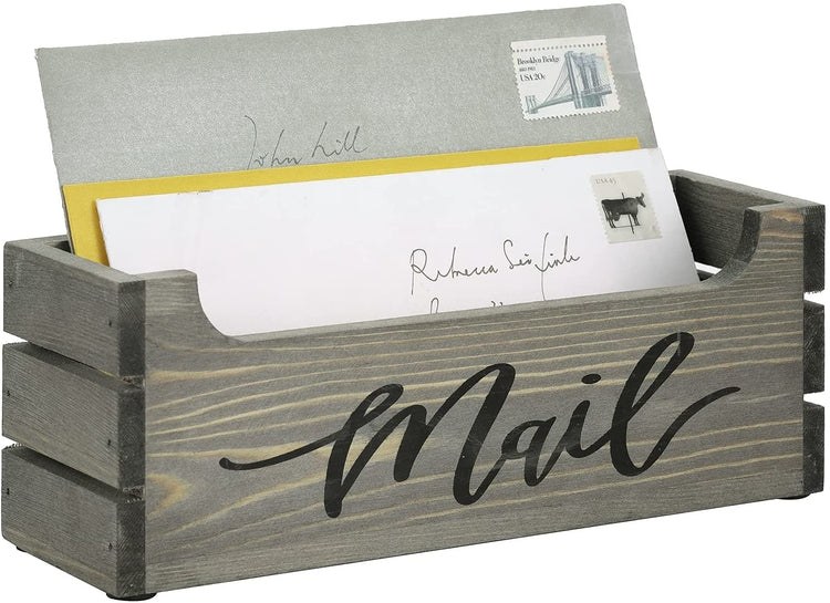 Gray Wood Crate Style Mail Sorter Box, Letter Organizer with Black Cursive "Mail" Writing-MyGift