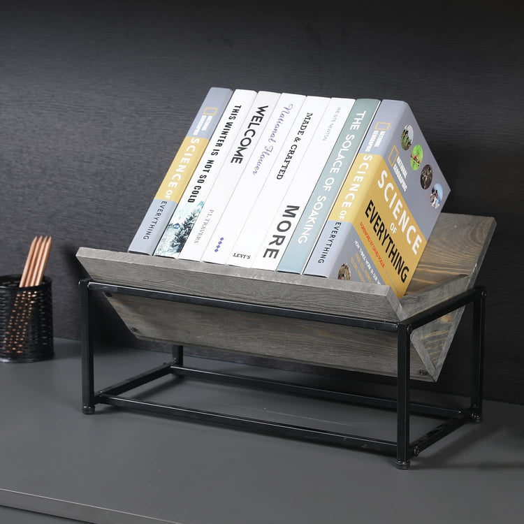 Tabletop Book Caddy, Gray Wood and Black Metal Trough Style Desktop Bookshelf and Magazine Rack-MyGift