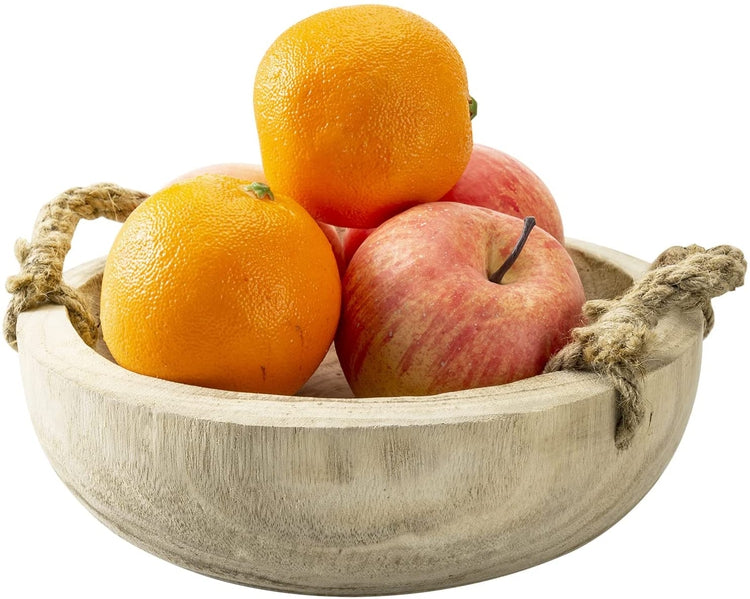 Handmade Paulownia Wood Decorative Round Fruit Bowl with Rope Handles, Serving Bowl Tabletop Home Décor-MyGift