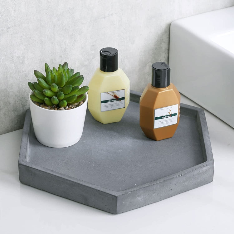 Hexagonal Dark Gray Concrete Bathroom or Bedroom Vanity Tray, Decorative Countertop Jewelry Perfume Dish Tray-MyGift