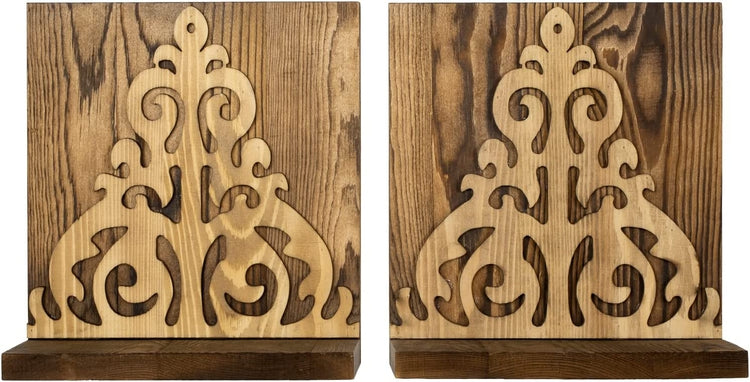 Set of 2, Floating Shelves, L-Shaped Wall Mounted Burnt Wood Display Shelf with Carved Scrollwork Decal Accent-MyGift