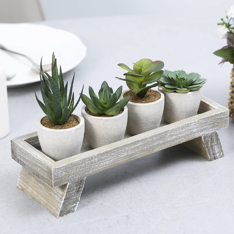 5 Piece Assorted Artificial Succulent with Plant Stand, Potted Fake Plant Decor with Distressed Brown Wood Display Tray-MyGift
