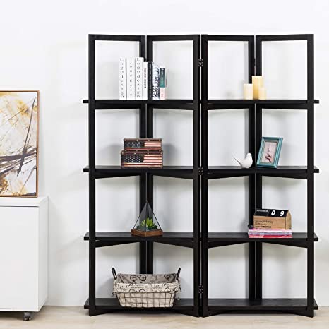 4 Tier Black Display Shelf Rack, Wood Room Divider with 4 Shelves-MyGift