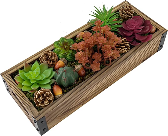 Brown Wood & Black Metal Tabletop Window Box Planter with Cutout Handles, Includes Artificial Succulents, Pine Cones, Acorns, and Moss-MyGift