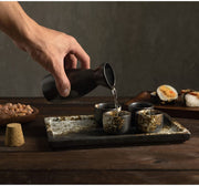 Japanese Dark Brown and White Speckled Ceramic Sake Set, with 4 Shot Glasses, Serving Tray, and Carafe Bottle, Cork Lid-MyGift