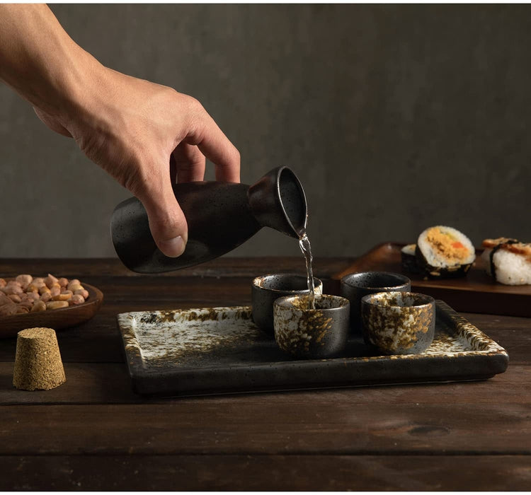 Japanese Dark Brown and White Speckled Ceramic Sake Set, with 4 Shot Glasses, Serving Tray, and Carafe Bottle, Cork Lid-MyGift