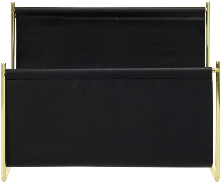 Modern Brass Plated and Black Leatherette Magazine Holder, Tabletop File Organizer Rack-MyGift