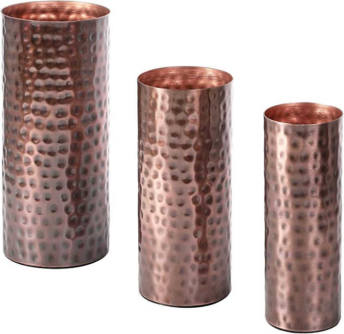 Decorative Flower Vases with Hammered Texture, Vintage Copper Tone Meta lCenterpiece, Set of 3-MyGift