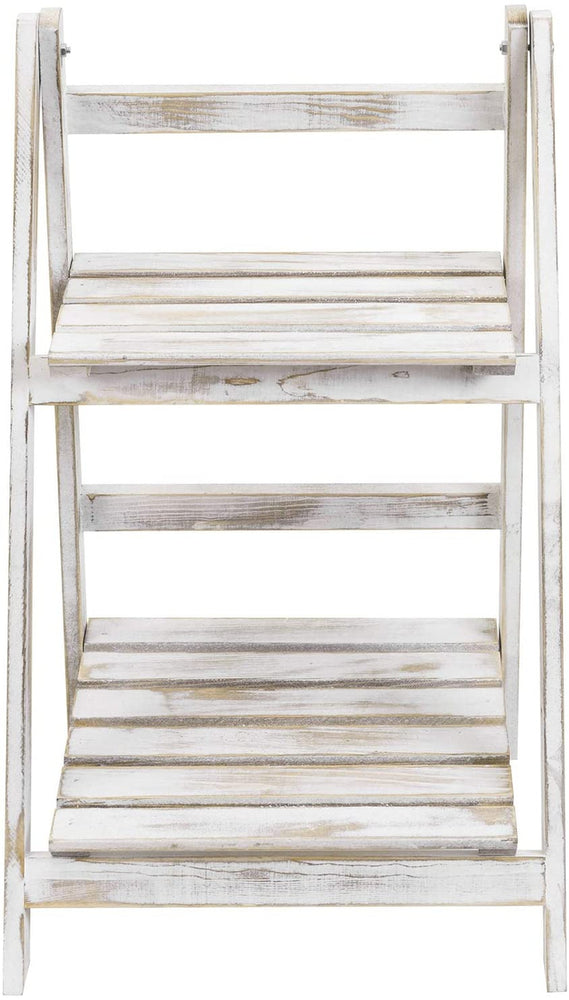 2-tier Whitewashed Wood Foldable Ladder Planter Display Stand-MyGift