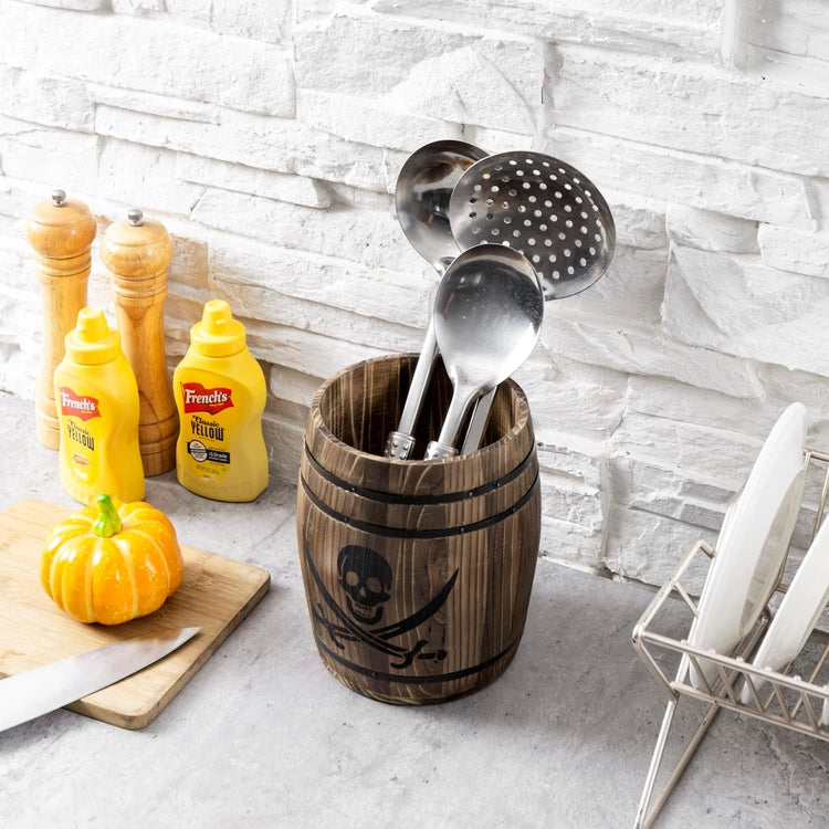 Burnt Wood Pirates Rum Cask Utensil Crock, French Wine Barrel Cooking Tool Holder with Skull and Cutlass Sword Design-MyGift