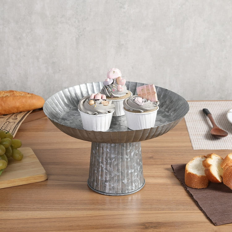 Cake Stand, Fluted Corrugated Galvanized Metal Round Dessert Pedestal Riser, Cupcake Holder Serving Platter Display-MyGift