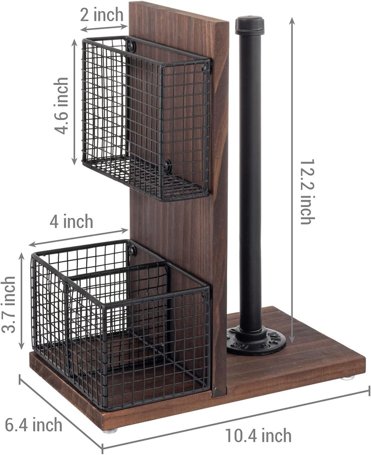 Dark Brown Wood and Black Metal Napkin Holders with Paper Towel Roll Stand and Spice Rack-MyGift