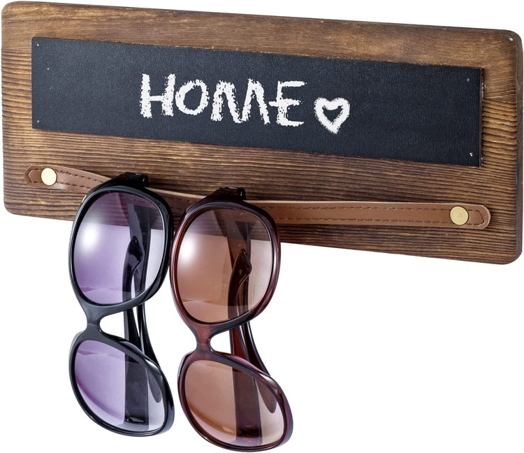 Burnt Wood Wall Mounted Chalkboard and Sunglasses Holder Rack with Brown Leatherette Hanging Rail-MyGift