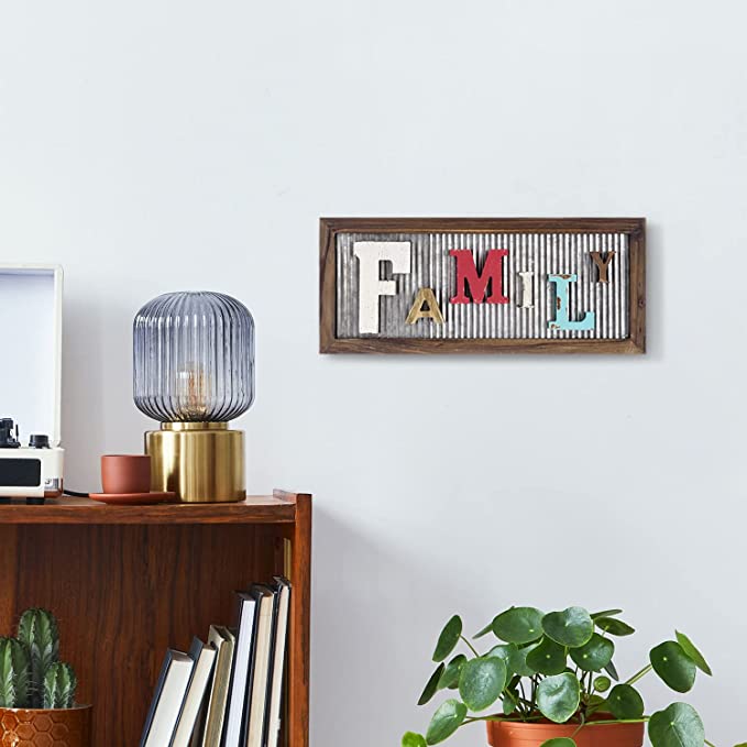 Decorative Word Sign, Rustic Mixed Color Family Wall Décor with Galvanized Metal and Burnt Brown Wood Frame-MyGift