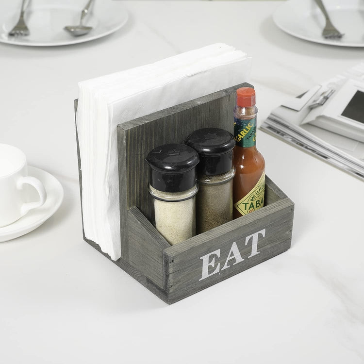 2 Compartment Gray Wood Napkin Holder Rack with Spice Shakers, Condiment Bin and Bold White Printed EAT Lettering-MyGift