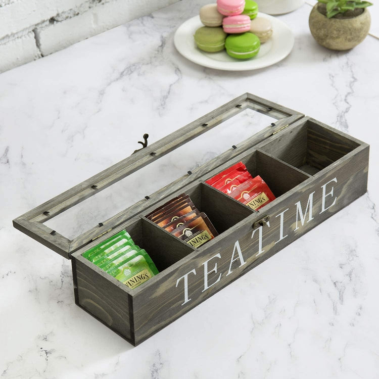 Vintage Gray Wood Tea Storage Box w/ TEA TIME Lettering-MyGift