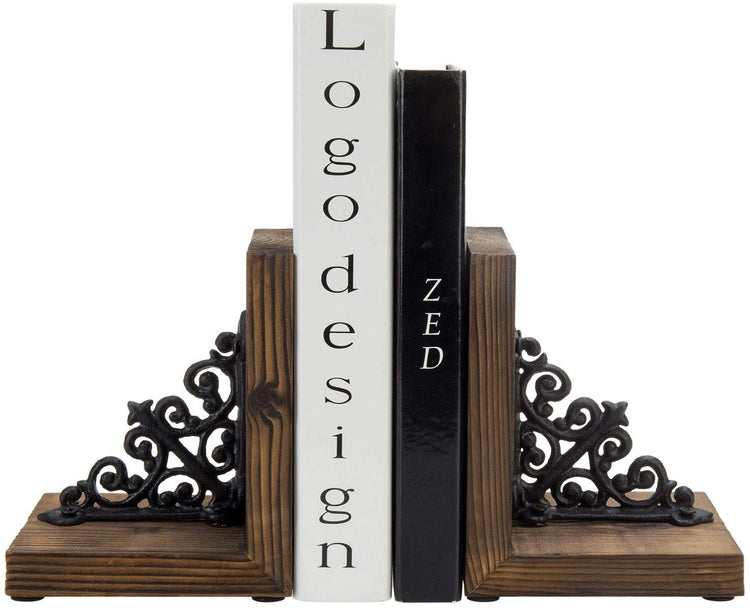 Decorative Rustic Burnt Wood & Cast Iron Vintage Scrollwork Tabletop Bookends-MyGift