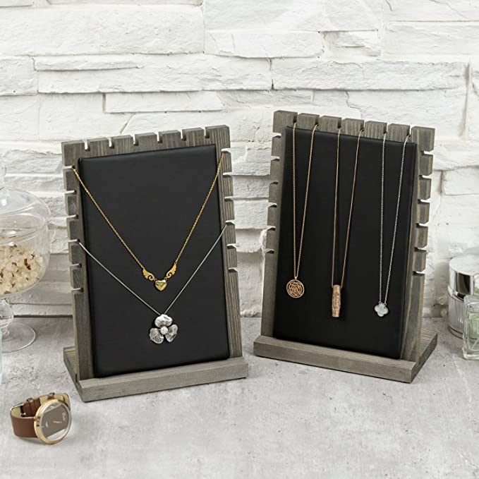 Gray Wood Necklace Display with Black Padded Mat on Removable Board, Tabletop Bracelet Easel Rack, Set of 2-MyGift