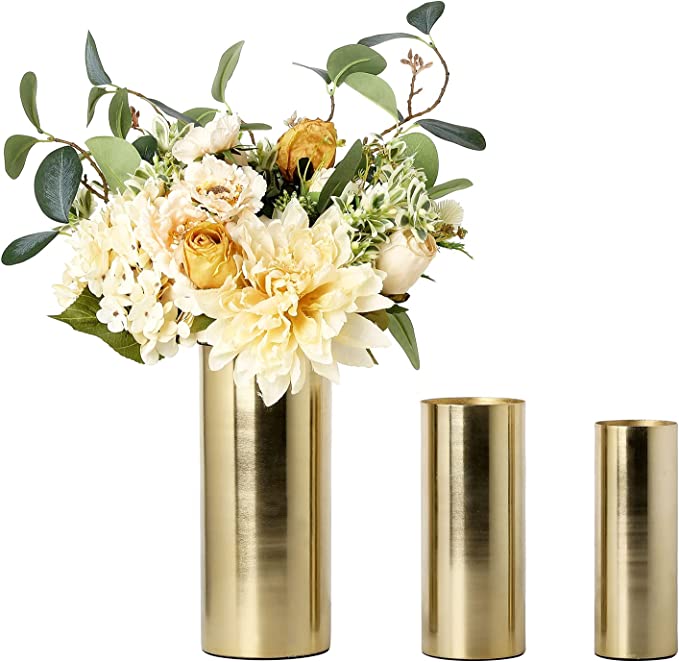 Modern Metal Flower Vase Set of 2, Tall Brass Tone Cylinder Centerpiece Flower Vases-MyGift