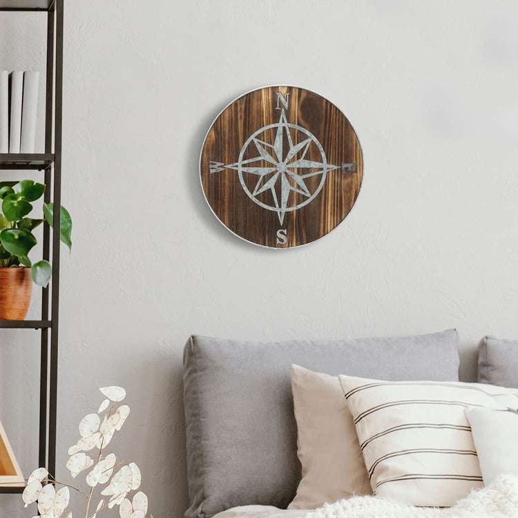 Dark Brown Wood and Galvanized Silver Metal Decorative Round Compass Wall Decor Nautical Art-MyGift