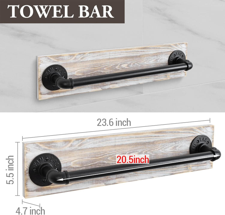 White Washed Wood and Black Metal Pipe Toilet Paper Holder, Hand Towel Ring, 4-Piece-MyGift