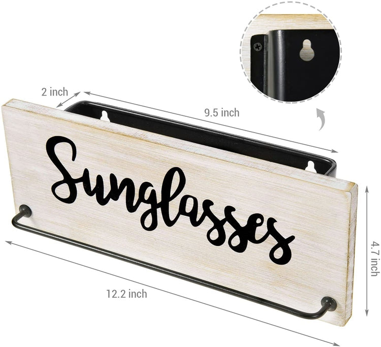 Whitewashed Wood Wall Mounted Sunglasses Rack and Mail Sorter Bin with Metal Hanging Bar and Cursive Sunglasses Label-MyGift