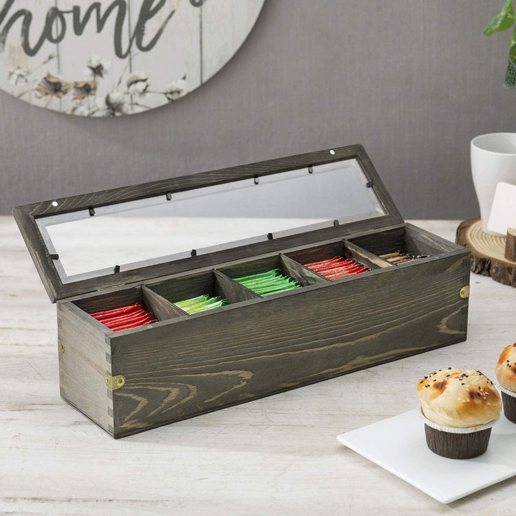 Gray Wood Tea Bag Storage Box with Clear Lid & Brass Metal Accent Wrap –  MyGift