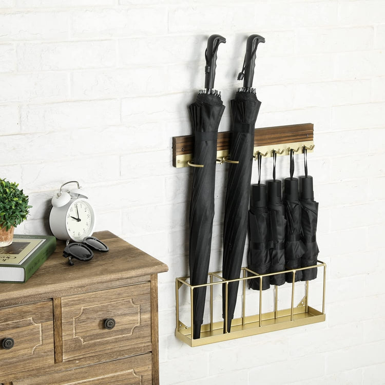 Brass Tone Metal and Burnt Wood Long and Short Umbrella Holder Storage Entryway Organizer Wall Rack with Key Hooks-MyGift