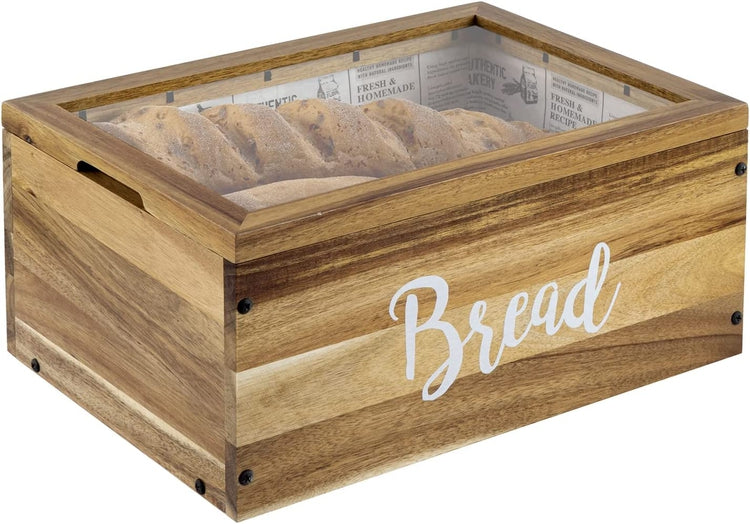 14 Inch Acacia Wood Bread Box with Clear Acrylic Window Top Lid and White Cursive "Bread" Label for Kitchen Counter-MyGift
