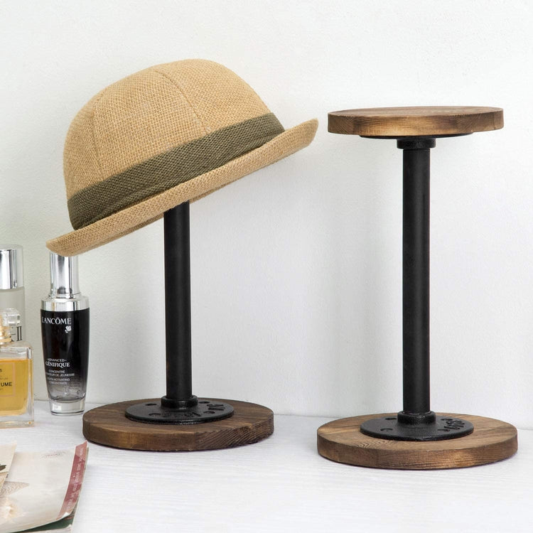 Set of 2, Metal Pipe and Dark Brown Burnt Wood Tabletop Hat Holder Racks, Jewelry Pedestal Risers-MyGift