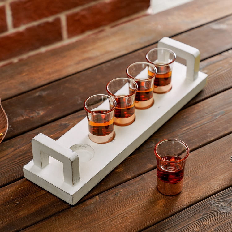 Vintage White Wood Beverage Serving Tray with 5 Copper Tone Bottom Shot Glasses-MyGift