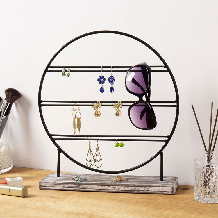 3-Tier Tabletop Earring Holder, Torched Wood and Matte Black Metal Circular Jewelry Hanger Stand-MyGift