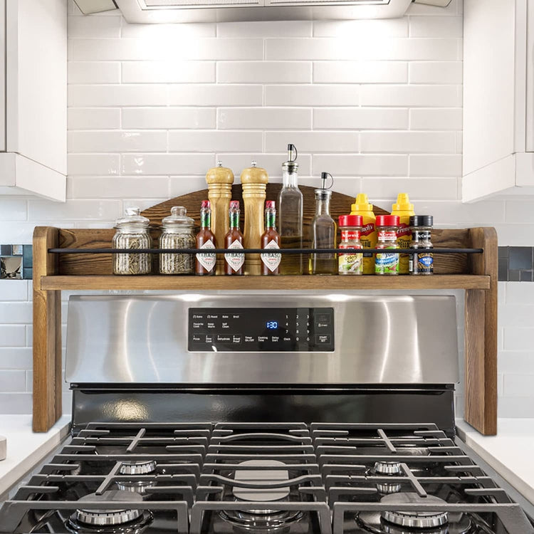 Burnt Wood and Black Metal Wire Bar Stove Top Spice Rack, Space Saving Over Oven Range Stovetop Storage Display Shelf-MyGift