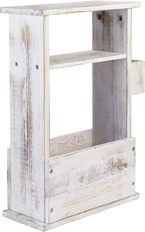 2 Tier Shabby Whitewashed Wood End Table with Magazine Holder, Display Shelf and Remote Control Holder Rack-MyGift