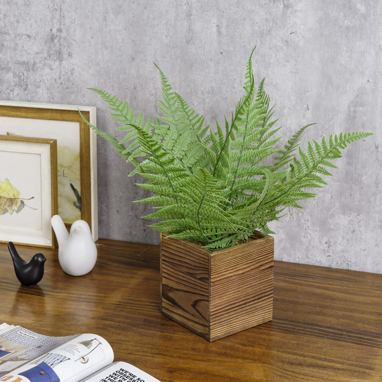 Fake Fern Plant, Artificial Greenery, Maidenhair Potted Faux Fern in Burnt Wood Square Planter Pot-MyGift
