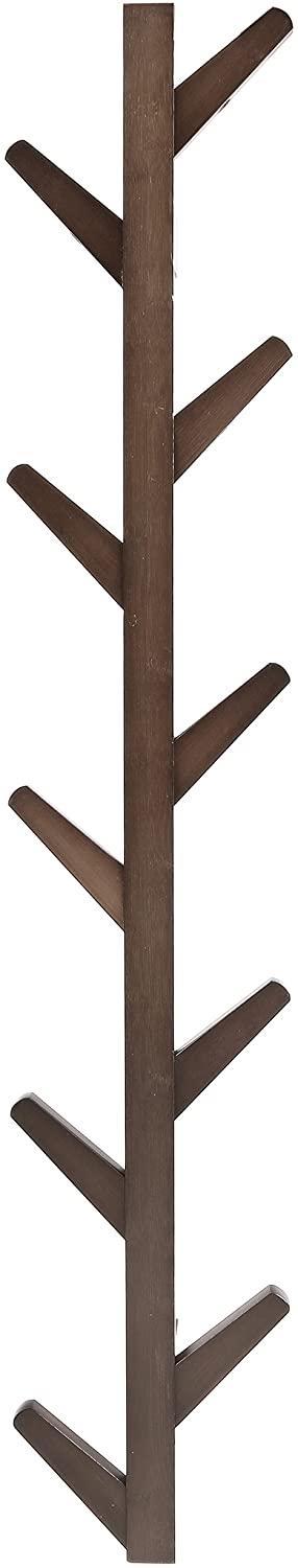 MyGift Wall Mounted Brown Bamboo Hall Tree Coat Rack, Hanging Narrow Hat Rack with 10 Peg Hooks