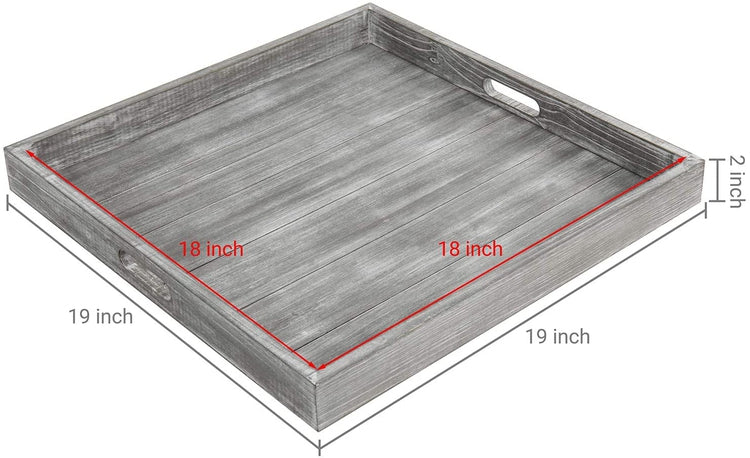 19-inch Large Square Whitewashed Gray Wood Ottoman Tray with Cutout Handles-MyGift