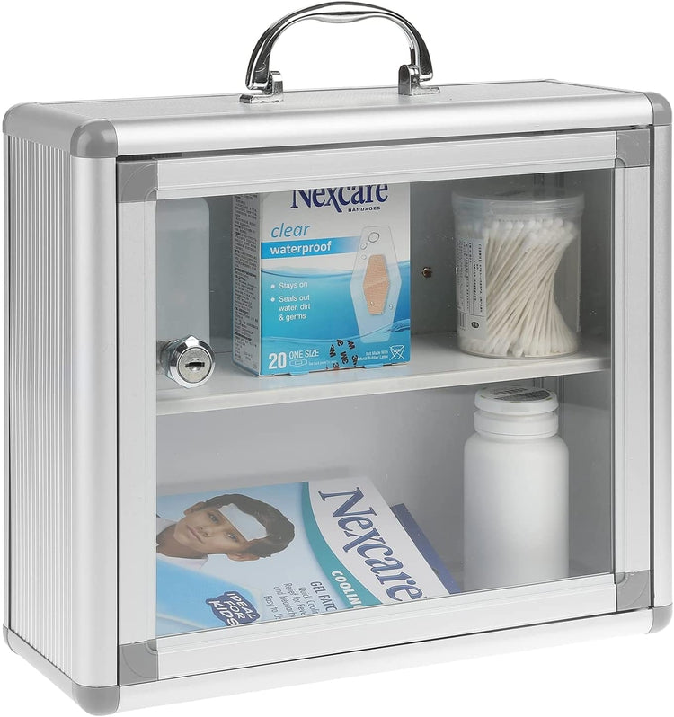 Tabletop or Wall Mounted Silver Tone Metal Storage Box, Medicine Cabinet, First Aid with Lock and Carrying Handle-MyGift