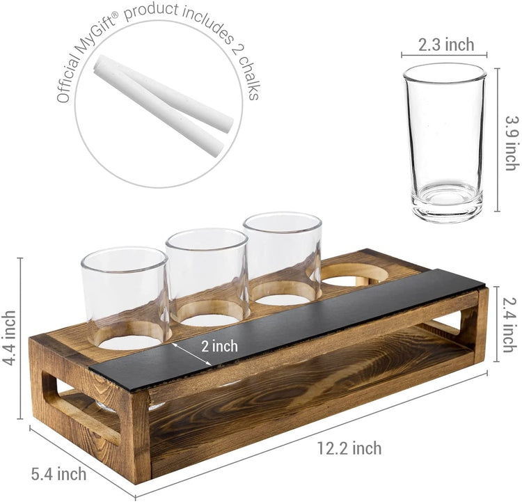 Set of 2, Dark Brown Burnt Wood Sampler Tray Beer Flight Holder Serving Set with 4 Glasses and Erasable Chalkboard Label-MyGift
