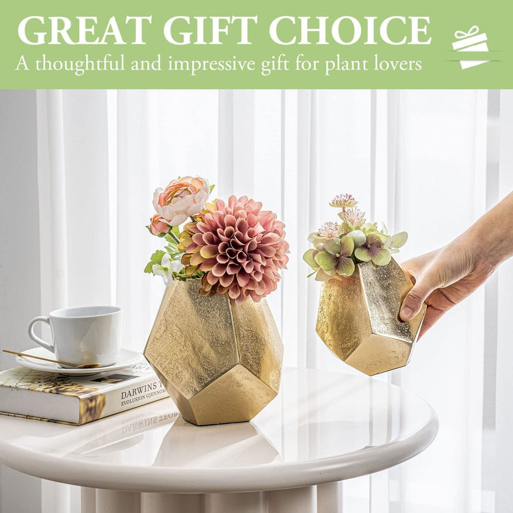 4 and 6 Inch Brass Tone Cast Aluminum Geometric Vases, Pentagonal Vase Centerpiece-MyGift